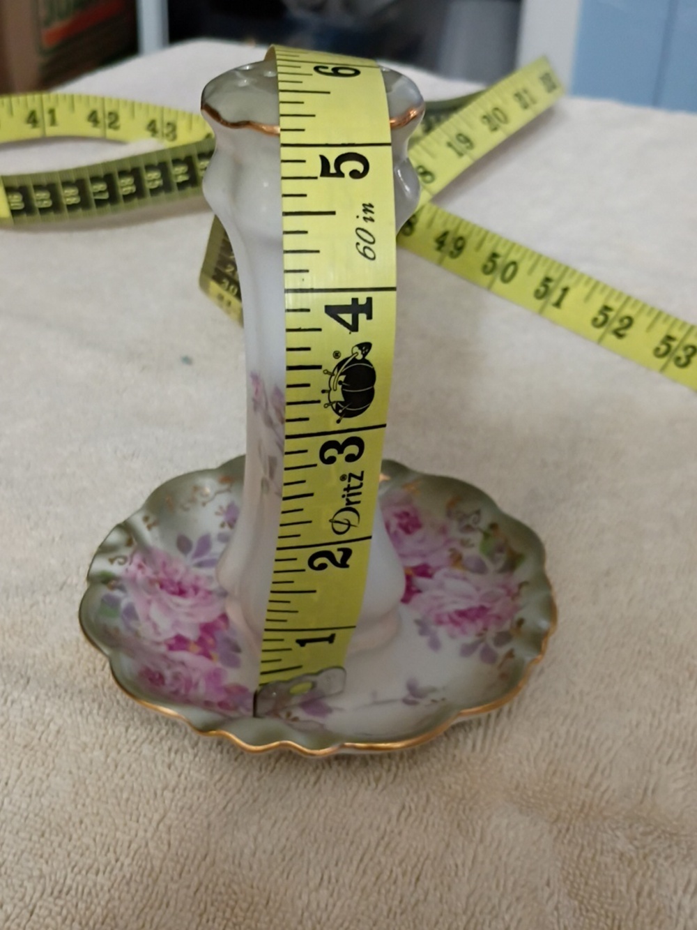 Vintage Porcelain Floral Hatpin Holder with Pink and Gold Accents - Picture 9 of 10